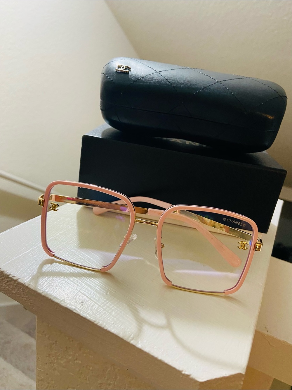 C C luxury designer inspired Pink and Gold Square-Frame Eyeglasses new with case